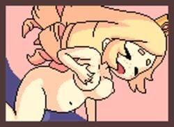 1boy 1girls akai_(ugokashitari) animated blonde_hair chubby chubby_female cowgirl_position crown cum cum_in_pussy cum_inside female female_penetrated freckles hair_drills holding_breast human_princess_(princess_and_conquest) male male/female male_penetrating male_penetrating_female nude pixel_art princess_and_conquest sex vaginal_penetration