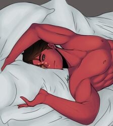 1boy bed black_hair china_(countryhumans) countryhumans male male_only muscular muscular_male red_body red_skin short_hair