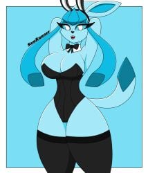 big_breasts breasts bunny bunny_girl bunnysuit clothing eeveelution female fur furry glaceon looking_at_viewer pokémon_(species) pokemon samrunner solo thick_thighs thighs white_border