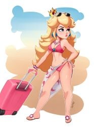 1girls beach bikini blonde_hair blue_earrings blue_eyes bra breasts crown earrings feet flip_flops lipstick luggage magaska19 mario_(series) pink_bikini pink_lips pink_lipstick pink_panties princess_peach princess_peach_(swimwear) sandals sarong super_mario_odyssey swimsuit underwear