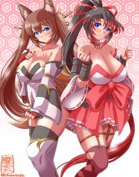 2girls bare_shoulders blue_eyes blush boots brown_hair caleen_keemosn choker cleavage clothes_swap detached_sleeves embarrassed endless_frontier eyebrows_visible_through_hair female female_only fingerless_gloves fox_ear fox_girl fox_tail garters hair_ornament hair_ribbon high_ponytail huge_breasts kaguya_nanbu miko multicolored_hair multiple_tails nanbu_kaguya oborogumo_takamitsu outfit_swap red_hair runes safe_for_work sandals signature smile star_ocean star_ocean_anamnesis strapless_dress super_robot_wars super_robot_wars_og_saga_mugen_no_frontier thick_thighs thigh_boots thighhighs twintails two_tone_hair very_long_hair white_clothing wholesome wide_hips