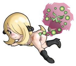 anal_beads blonde_hair blush breasts chibi cynthia_(pokemon) error!man heels highres looking_at_viewer pokemon pokemon_(species) pokemon_bdsp pokephilia presenting presenting_pussy pussy smile smiling_at_viewer spiritomb tattoo