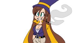 a_hat_in_time blue_eyes breasts brown_hair cape cleavage hair_tie hat hat_adult hat_kid jacket jeans large_breasts pants ponytail purple_hat purple_jacket purple_shirt shirt smile smiling smoke smoking thattechnique thick_hips thick_legs tie tied_hair watch white_shirt yellow_cape