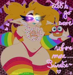 2d 2d_artwork alissa_(alissa_nsfw) alissa_the_artist artist_name artist_signature bib blonde_hair blue_eyes blushing candle cosplay cupcake cupcake_(fnaf) dragon dragon_girl eyes_visible_through_hair female female_focus female_only five_nights_at_freddy's fnaf gloves glowing_eyes heterochromia light-skinned_female long_hair looking_at_viewer no_nipples oc open_mouth original_character panties pointy_ears pov purple_eyes rainbow_clothing seductive seductive_pose self_upload shapeshifter sharp_teeth simple_background smile smooth_skin straight_hair stubby_tail text thick_thighs thighhighs tied_hair toy_chica_(cosplay) toy_chica_(fnaf) wide_hips