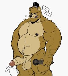 2023 anthro balls bear biceps biped brown_body brown_fur clothing condom dialogue digital_media_(artwork) english_text eyebrows filled_condom five_nights_at_freddy's freddy_(fnaf) fur genitals hat hat_only headgear headgear_only headwear headwear_only holding_microphone holding_object humanoid_genitalia humanoid_penis kyutka3 male male_only mammal masturbation microphone mostly_nude musclegut muscular muscular_anthro muscular_male muscular_thighs navel open_mouth open_smile orgasm overweight overweight_anthro overweight_male pecs penile penile_masturbation penis profanity quads scottgames sexual_barrier_device simple_background smile solo standing tan_body tan_fur teeth text thick_thighs tongue tongue_out top_hat wearing_condom white_background