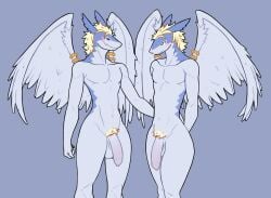 anthro big_penis blonde_hair blush dragon duo flaccid foreskin genitals hair hand_on_hip hi_res legendz male male/male muscular muscular_male nolansnsfw nude oopsitsnolansfw penis pubes selfcest shiron shy slim small_waist square_crossover thick_thighs white_body white_wings wind_dragon wings