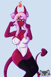 amoreth_(lakashb12) anthro big_breasts black_clothing bodysuit breasts choker cleavage cute_expression demon demon_girl demon_horns demon_humanoid female fire hair_bun hairclip happy horn humanoid lakashb12 markings mole_(marking) pink_hair pinup red_horn red_skin simple_background small_waist solo spade_tail tail thigh_highs white_clothing wide_hips