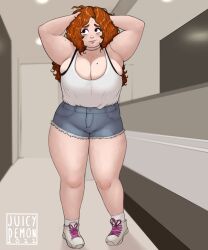 curly_hair curvy hands_behind_head juicydemon rachel_(juicydemon) tagme