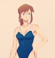 a_hat_in_time blue_eyes blue_one-piece_swimsuit blue_swimsuit breasts brown_hair close-up hair_tie hat_adult hat_kid itsahat69 large_breasts light-skinned_female light_skin one-piece_swimsuit ponytail swimsuit tied_hair wide_hips