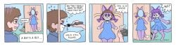 1boy 1girls 4_panel_comic 4koma animal_crossing annoyed big_breasts breasts camera cat_ears cat_tail cutout domestic_cat embarrassed face_paint female fur furry gender_transformation mtf_transformation multicolored_fur paintbrush pawpads paws popcore popstick popwhore purple_fur purple_hair shocked species_transformation surprised taking_picture transformation whiskers