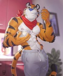 1boy 2023 abs anthro areola biceps biped black_body black_fur black_stripes bulge cereal clothed clothing digital_media_(artwork) eating eating_food eyebrows felid food frosted_flakes fur genital_outline hi_res holding_object inside kellogg's kerchief lion21 male male_only mammal mascot milk muscular muscular_anthro muscular_male navel nipples orange_body orange_fur pantherine pecs penis_outline plant pose solo standing striped_body striped_fur stripes sweatpants tail tiger tony_the_tiger topless white_body white_fur yellow_sclera