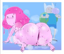 1boy 1girls adventure_time ass back_view big_ass big_butt blowing_bubblegum bubble_butt bubble_gum butt candy dop doplino finn_the_human looking_at_viewer looking_back on_all_fours princess_bubblegum sweat sweatdrop sweating_profusely tagme young