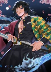 1boy cherry_blossoms demon_slayer kimetsu_no_yaiba male_focus male_only muscular_chest muscular_male night suyohara sword tomioka_giyuu uniform