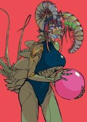 anomalocaris arthropod artist_request artist_signature ball beach_ball blue_eyes blue_tongue exoskeleton female humine_(artist) mandibles red_background solo swimsuit tagme tail underboob underboob_cutout