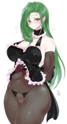 1girls alternate_costume annand_(fire_emblem) apron black_panties bodystocking breasts clothes_lift crotchless crotchless_panties earrings female female_only female_pubic_hair fire_emblem fire_emblem:_genealogy_of_the_holy_war green_eyes green_hair large_breasts lifted_by_self long_hair looking_at_viewer maid naked_apron nintendo panties plump pubic_hair pussy revealing_clothes smile solo ta_dasu_(tadasu_hayashi) thick_thighs thighs underwear very_long_hair