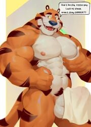 2023 4_fingers abs absurd_res anthro balls biceps black_eyes blue_nose covering covering_crotch covering_penis dialogue english_text felid fingers flexor_carpi frosted_flakes fur genitals hi_res kellogg's male male_only mammal mascot mukum_1am muscular muscular_anthro muscular_male muscular_thighs navel nipples open_mouth orange_body orange_fur pantherine pec_grab pecs penis pubes quads sharp_teeth solo speech_bubble stripes teeth text tiger tony_the_tiger towel triceps white_body white_fur yellow_sclera