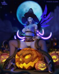 1girls 3d blizzard_entertainment blue_hair blue_skin halloween high_heels jack-o'-lantern original_character solo stockings thighhighs vaginal_insertion velandria velladonna vines void_elf warcraft witch_hat world_of_warcraft