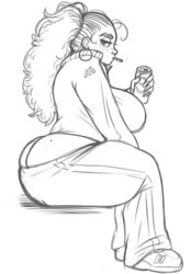 ass_cleavage butt_crack chubby curly_hair curvy female juicydemon ponytail rachel_(juicydemon) sketch smoking solo