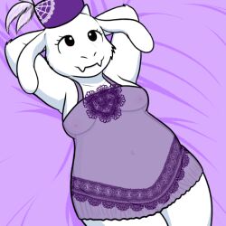 anthro black_eyes breasts clothing dress eyelashes female fur genitals hands_behind_head hat headgear headwear low_res navel nishi_oxnard purple_clothing purple_dress purple_hat purple_headwear purple_sheets pussy smile solo toriel translucent translucent_clothing undertale_(series) white_body white_fur