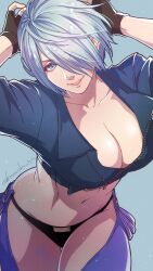 1girls angel_(kof) arms_behind_head artist_name artist_request big_breasts blue_eyes breasts busty cleavage female female_only grey_hair hair_over_one_eye highres king_of_fighters large_breasts legs looking_at_viewer midriff navel parted_lips pink_lips short_hair smile snk source_request thick_thighs thighs voluptuous