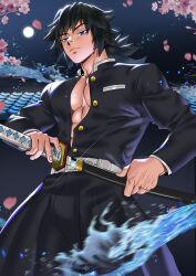 1boy abs cherry_blossoms demon_slayer kimetsu_no_yaiba male_focus male_only muscular_chest muscular_male night suyohara sword tomioka_giyuu uniform