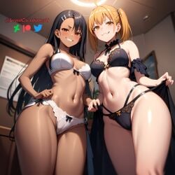 2girls ai_generated bikini black_hair blonde_hair cameltoe cleavage clothed clothing dominant dominant_female female_focus female_only femdom from_below hayase_nagatoro lewdcreationsai long_hair looking_at_viewer low-angle_view navel please_don't_bully_me,_nagatoro revealing_clothes smile smirk thighs thighs_together twintails watermark yoshi_(nagatoro)