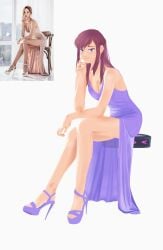 a_hat_in_time blue_eyes breasts brown_hair dress hat_adult hat_kid heels itsahat69 large_breasts light-skinned_female light_skin long_hair long_legs purple_dress purple_heels side_swept_bangs swept_bangs