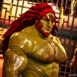 3d 3d_(artwork) bara body_harness ganondorf ganondorf_(hyrule_warriors) gay green_skin huge_male huge_muscles hyrule_warriors jewelry_only male male/male male_only massive_breasts massive_thighs muscular_male nude nude_male orc pecs solo solo_male sweat sweaty the_legend_of_zelda zireael