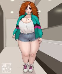 1girls chubby chubby_female cleavage clothed curly_hair curvy jacket juicydemon rachel_(juicydemon) red_hair tagme