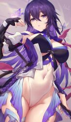 breasts butterfly cameltoe clothed honkai:_star_rail looking_at_viewer navel ninelie purple_eyes purple_hair see-through seele_(honkai:_star_rail) wet_pussy