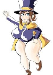 a_hat_in_time blue_eyes breast_expansion brown_hair brown_shoes cape hat hat_adult hat_kid huge_breasts jacket light-skinned_female light_skin looking_at_viewer panties purple_hat purple_jacket shoes smile smiling thick thick_ass thick_body thick_breasts thick_butt thick_hips thick_legs tight_clothes tight_clothing underwear voluptuous voluptuous_female white_panties white_underwear xiceowl yellow_cape zipper