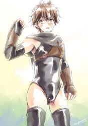 1boy armpits brown_eyes brown_hair bulge bulge_through_clothing femboy fingerless_gloves gay hai_to_gensou_no_grimgar haruhiro_(grimgar) thighhighs torajimaneko twink