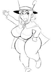 a_hat_in_time black_and_white breast_expansion cape hat hat_adult hat_kid huge_breasts jacket looking_at_viewer monochrome pants shoes smile smiling thick thick_ass thick_body thick_breasts thick_butt thick_hips thick_legs tight_clothes tight_clothing tight_pants voluptuous voluptuous_female xiceowl zipper