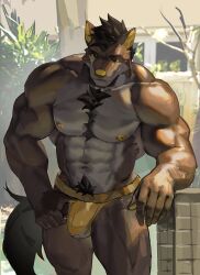 2022 abs absurd_res anthro biceps black_eyes black_hair body_hair brown_body brown_fur canid canine canis chest_tuft clothed clothing domestic_dog fur hair happy_trail hi_res jockstrap leaning_on_wall light male male_only mammal navel nipples outside pantsless pawpads plant pubes re_baiz solo sunlight tile topless tree tuft underwear window yellow_clothing yellow_ears yellow_jockstrap yellow_nose yellow_pawpads yellow_sclera yellow_underwear