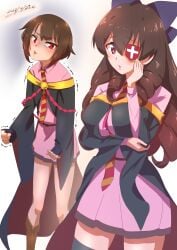 2girls arue_(konosuba) brown_hair drill_hair envy eyepatch kono_subarashii_sekai_ni_bakuen_wo! kono_subarashii_sekai_ni_shukufuku_wo! large_breasts long_hair megumin red_eyes ribbon school_uniform short_hair simple_background tagme