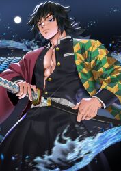 1boy black_hair blue_eyes demon_slayer kimetsu_no_yaiba male_focus male_only muscular_chest muscular_male night suyohara sword tomioka_giyuu water