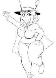 a_hat_in_time black_and_white cape hat hat_adult hat_kid jacket looking_at_viewer monochrome pants shoes smile smiling thick thick_ass thick_body thick_breasts thick_butt thick_hips thick_legs tight_clothes tight_clothing tight_pants voluptuous voluptuous_female xiceowl zipper