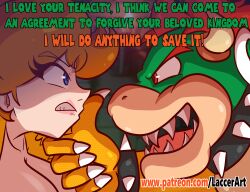 1boy 1girls artlaccer_(artist) big_breasts blue_eyes bowser breasts brown_hair collar cosplay english_text female horns hourglass_figure male mario_(series) princess_daisy text tomboy voluptuous