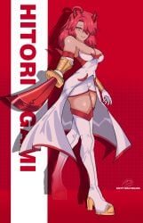 boots breasts cleavage gold_trim horn katana legwear red_eyes red_hair red_trim revealing_clothes seductive shiny_skin smile strut sword thick thick_thighs thighhighs thighs white_clothing