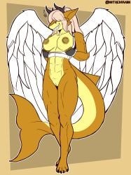 abs anthro breasts clothed clothing deity dragon exposed_breasts feathered_dragon feathered_wings feathers female fish hi_res horn hybrid marine muscular muscular_female open_clothing open_shirt open_topwear orianne_larone shark shirt solo the_man topwear wings