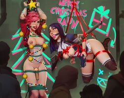 arcane arcane_caitlyn arcane_vi arms_behind_back ball_gag blue_eyes blue_hair blush bondage bound breasts caitlyn_kiramman christmas christmas_ornaments cleavage english_text gag gagged gloves gun hat league_of_legends long_hair merry_christmas multiple_girls nipple_bar nipple_piercing nipples piercing pink_hair public_indecency public_vibrator pussy rape red_ribbon restrained ribbon rifle riot_games rope saneperson sex_toy short_hair star_(symbol) suspension traditional_media vi vibrator weapon