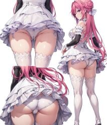 ai_generated ass ass_focus big_ass big_butt bubble_butt cameltoe dorothy_(nikke) dress female from_behind goddess_of_victory:_nikke head_out_of_frame huge_ass long_hair looking_at_viewer looking_back panties pink_hair purple_eyes shiny shiny_hair shiny_skin sideboob skirt smbozz smile solo stable_diffusion thick_thighs thighhighs very_long_hair