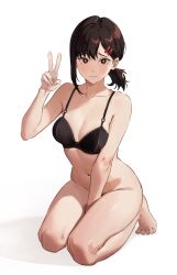 1girls alternate_version_available big_breasts black_bra black_eyes black_hair blush bottomless bra breasts chainsaw_man cleavage feet female female_only gyunzai hair higashiyama_kobeni mole mole_under_mouth peace_sign solo solo_female sweat sweatdrop thighs topwear