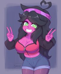 artemida(artemiy_kopych) big_breasts dark_hair green_eyes headband mascara oc peace_sign pink_skin rule_63 thick_thighs xyroni