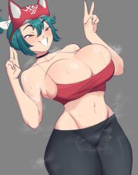 1girls 2d 2d_(artwork) alternate_breast_size big_breasts blush bra breasts busty busty_female cleavage clothed double_v drawn female good_artwork green_hair kiriko_(overwatch) musk_clouds musky_armpit musky_breasts musky_butt overwatch overwatch_2 smile sparklecandie teeth tight_clothing v_sign