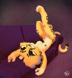 2023 anthro barika_(willwri) breasts cheetah felid feline female fur furniture genitals hi_res lying mammal nipples nude nude_female on_back on_sofa one_leg_up pussy pusszone raised_leg sofa solo spots yellow_body yellow_fur