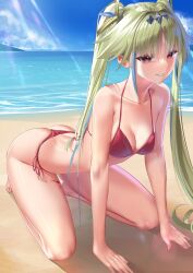 beach bikini blonde_hair endou_lily on_all_fours red_bikini red_eyes red_thong sedai_one thong twintails virtual_youtuber