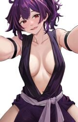 1girls alternate_version_available big_breasts blush breast_focus breasts cleavage clothing female female_only gyunzai jigokuraku lips purple_hair red_eyes revealing_clothes solo solo_female tongue tongue_out yuzuriha_(jigokuraku)