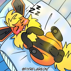 animal_genitalia balls belly black_belly black_body black_fur black_paws blush eeveelution feral fiyrflareon flareon fur fyre generation_1_pokemon genitals male nintendo orange_body orange_fur pawpads pillow pokemon pokemon_(species) realistic_animal sheath sleeping solo yellow_body yellow_fur