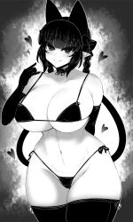 big_breasts bikini breasts cat_ears ginku_mh gloves hearts monochrome pigtails pointy_ears ribbon rin_kaenbyou smile tail thighhighs touhou